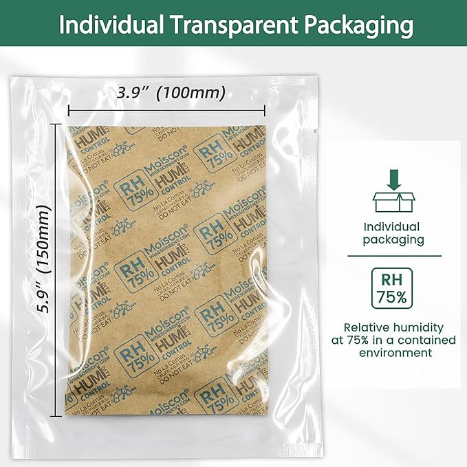 75% Two-Way Humidity Control Packs - 60 Gram - 120 Pack - Moisture Control Packets Individually Wrapped for Storing 1 lb, Humidifier Packs for Storage Containers Hydration Packets