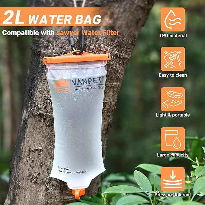 Upgrade Water Bag 2L Compatible with Sawyer Squeeze Water Filter, Durable TPU Material, BPA & PVC Free Squeeze Pouch, Collapsible Hydration Canteens for Camping Hiking Cycling (1 Pc)
