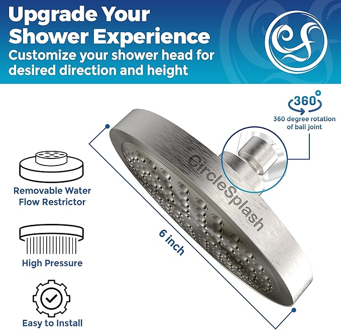 High Pressure Shower Head - Anti-Clogging Silicone Nozzles - 2.5 GPM Removable Restrictor - Easy to Clean Adjustable Replacement - easy to install with Plumbers Tape - 6 inch - Brushed Nickel Finish - AquaVibe