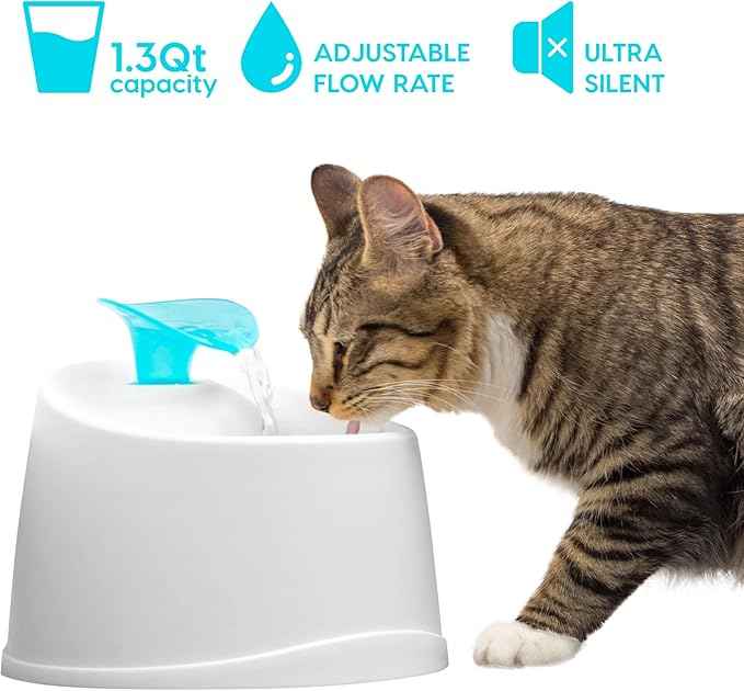 IRIS USA Cat Water Fountain, 44oz / 1.3L, Kitty Spout, Dog Fountain Water Bowl, Silent and Replaceable Charcoal Filter, White/Blue