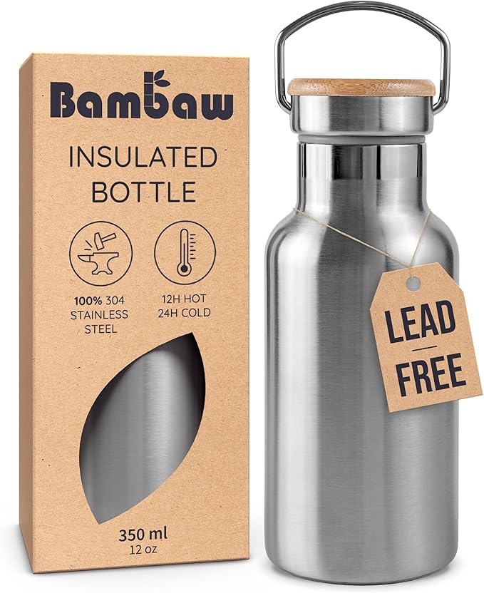 Bambaw 12 oz Metal Water Bottle, Insulated Water Bottle Stainless Steel Double Wall, Great for Travel, Gym or Work, Made of High-Grade Stainless Steel, Wide Mouth for Easy Cleaning (Natural Steel)