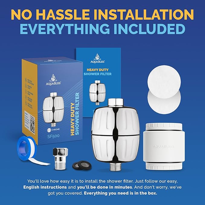 AquaBliss HEAVY DUTY Shower Filter – Latest Superior Advanced 30x Filtration - Universal Multi-Stage Shower Head Filter Reduces Chemicals, Chlorine & Odors - Chrome (SF500)