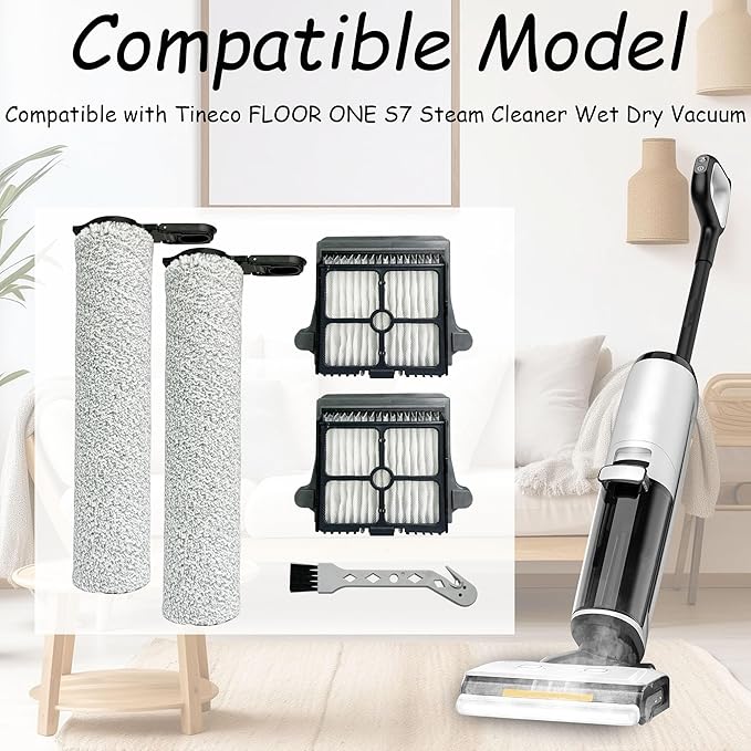S7 Steam Brush Rollers and Filters, Replacement Parts for Tineco Floor ONE S7 Steam Cordless Wet Dry Vacuum Steam Mop All-in-One, 2 Pack Brush Rolls & HEPA Filters + 1 Pack Cleaning Tool - AquaVibe