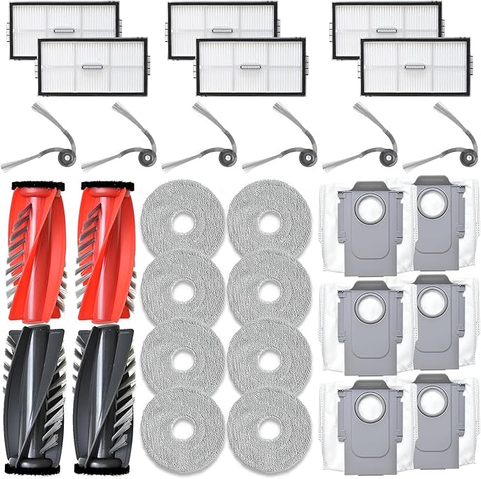 Accessories Replacement Parts Compatible with Roborock Saros 10R Robot Vacuum Cleaner, 4 Rubber Main Brush, 6 Filters, 6 Dust Bags, 8 Mop Pads, 6 Side Brushes - AquaVibe
