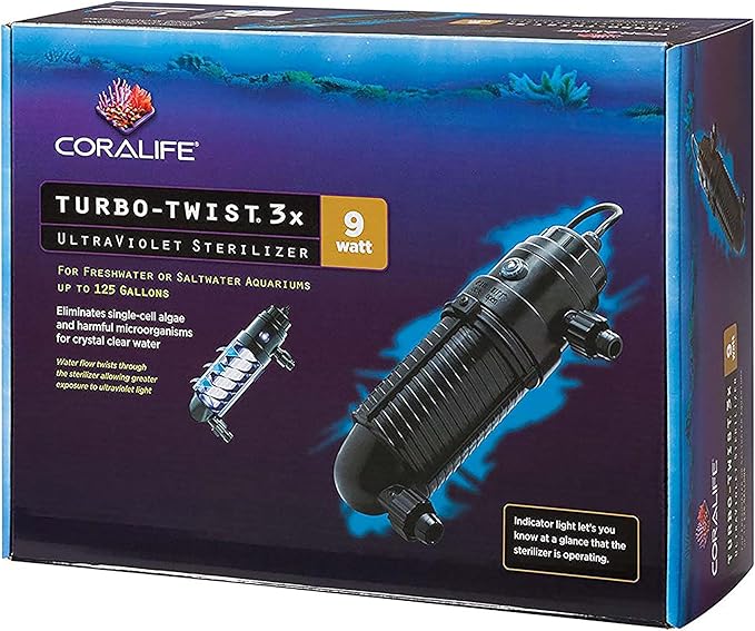 Coralife Aquarium Fish Tank Marine Salt Water Turbo-Twist UV Sterilizer 3X, For up to 125 Gallons