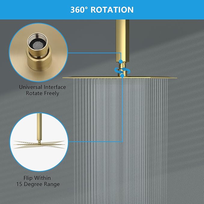 Lordear Gold Rainfall Shower Head 12 Inch Square Rain Shower Head Solid Ultra Thin 304 Stainless Steel Fixed Rainshower Head with Self Cleaning Nozzles