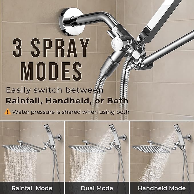 G-Promise All Metal 16 Inch Dual Square Shower Head with Handheld Spray Combo, Rain Shower Head, Adjustable Extension Arm, 3-Way Diverter, 71 Inch Extra Long Hose - A Bathroom Upgrade (Chrome)