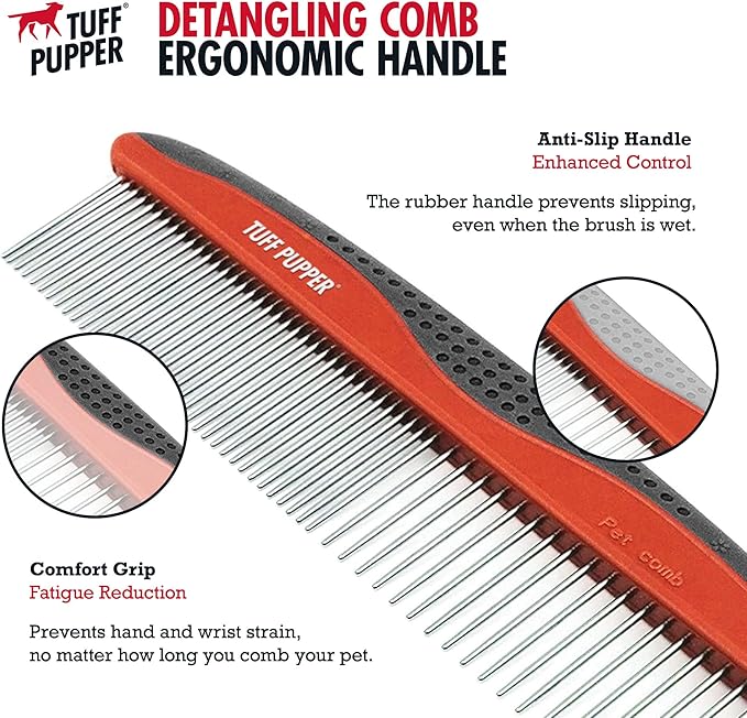 Tuff Pupper Dog Grooming Comb Set | Easily & Safely Remove Dead, Matted Knotted Hair | Ergonomic Pet Detangling Combs | No-Slip Safety Handle For Precision Control | Rounded Tips Prevent Scratching - AquaVibe