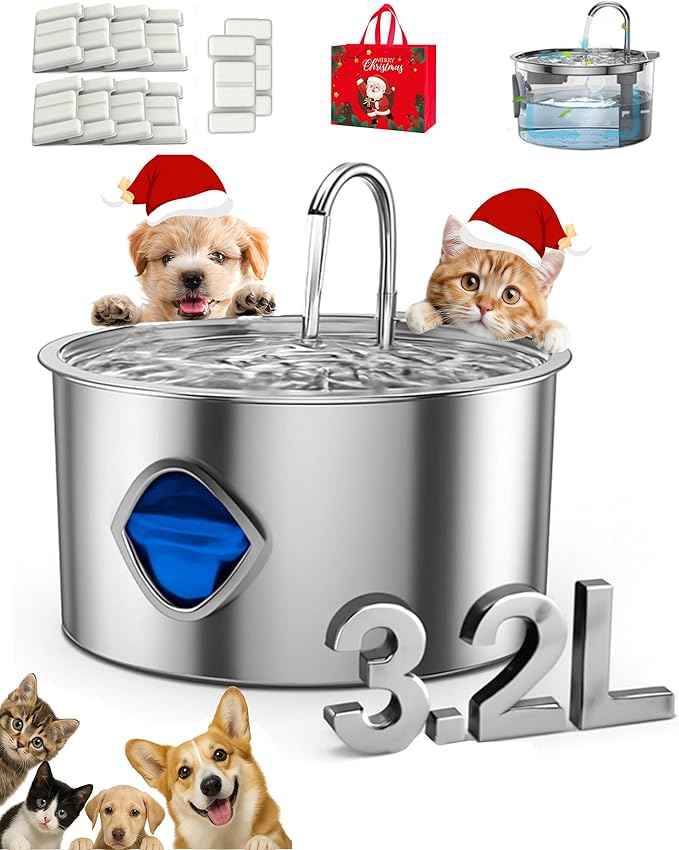 Dog Bowl for Small Dogs (with 10 Filter, 3.2L/108Oz) Stainless Steel Quiet Dog Water Bowl with Visual Water Level & Quadruple Filtration for Pets(1PCS+10 Filter, 1)