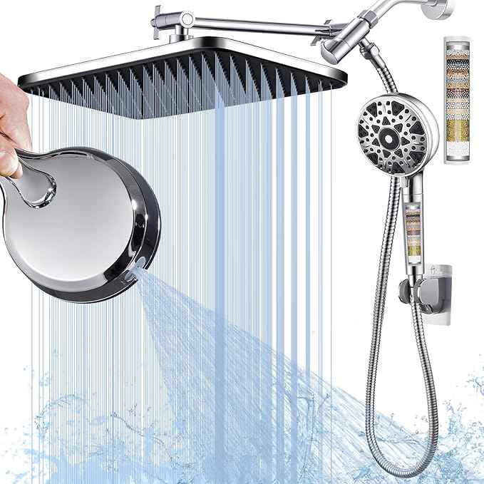 Dual shower Head with Handheld and Filter-14'' Rainfall ShowerHead,High Pressure Handheld Shower Head with Filters for Hard Water,7Spray with Power Wash,3-Way Setting for Couple Bathroom