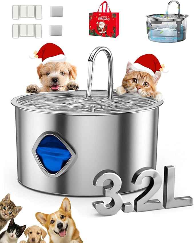 Dog Bowl for Small Dogs (with 10 Filter, 3.2L/108Oz) Stainless Steel Quiet Dog Water Bowl with Visual Water Level & Quadruple Filtration for Pets(1PCS+2 Filter, 1)