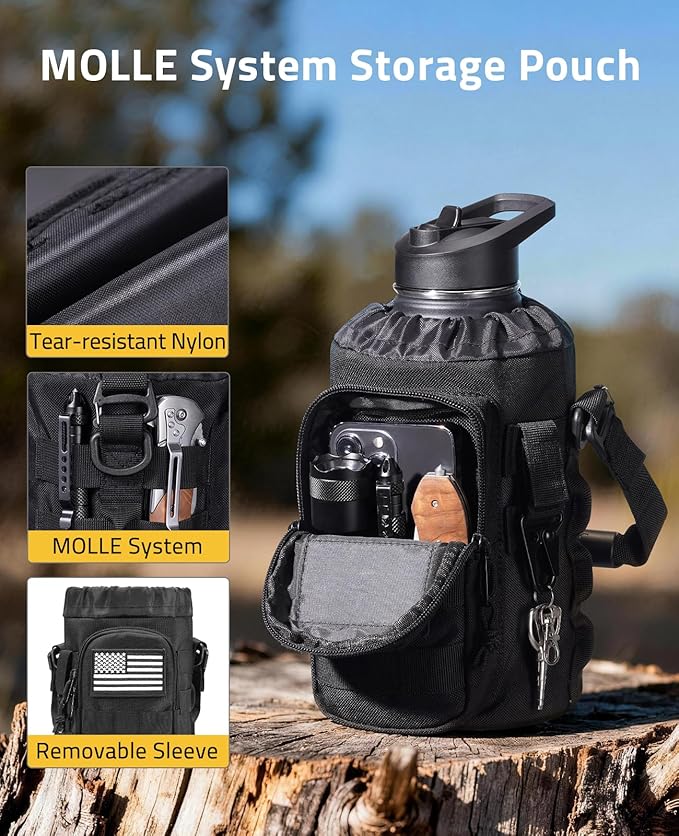 CVLIFE Half Gallon Water Bottle with Straw, 64 oz Insulated Stainless Steel Water Jug, Battle Sports Bottle with Bottle Pouch, Durable Handle, Removable Sleeve for Gym, Hiking, Camping (Black 2 Liter)