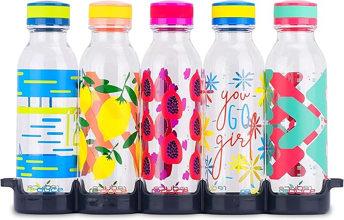 REDUCE WaterWeek Reusable Water Bottle Set, 20oz – Plastic Reusable Water Bottle Set of 5, Plus Fridge Tray – BPA-Free, Leak Proof Twist Off Cap – You Go Girl