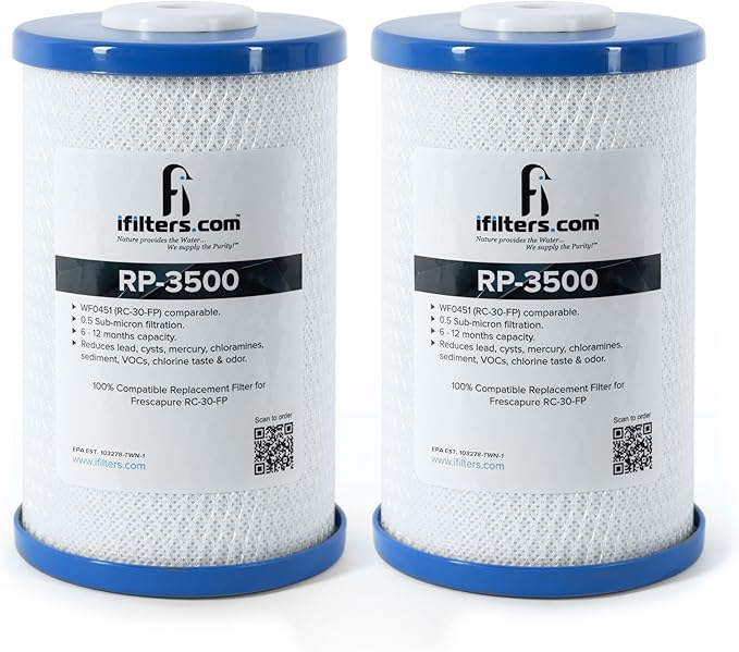iFilters RP-3500 Carbon Water Filter 2-Pack | 0.5 Micron Coconut Shell Block | Water Filter Replacement Cartridge for Home or RV Use | 1000 Gallon Capacity Each | Reduces Lead, Chlorine, VOCs