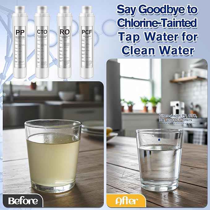 4 Pack Water Filter Replacement Compatible with Bluevua RO100ROPOT, Water Filters Set, 1 PP, 1 CTO, 1 RO, 1 PCF, Improved Drink Quality, Easy to Replace for Household Daily Use