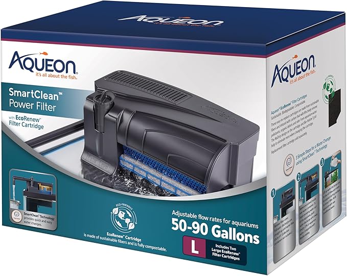 Aqueon SmartClean Power Filter with EcoRenew Filter Cartridge, Quick and Easy Water Changes, Quiet Operation, Adjustable Flow, for 50-90 Gallon Freshwater and Saltwater Aquariums, Large - AquaVibe