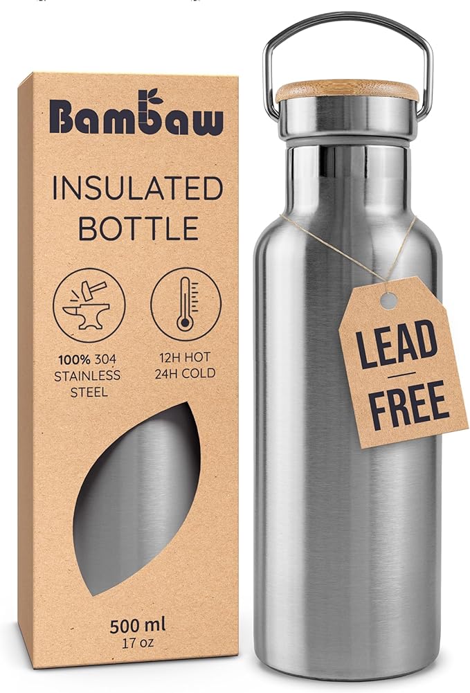 Bambaw Metal Insulated Water Bottle 16 oz, Stainless Steel Water Bottle Insulated, Reusable, Keeps Drinks Cold for 24h Cold & Hot for 12h, With Wide Mouth That Fits Tea Balls (Natural Steel)
