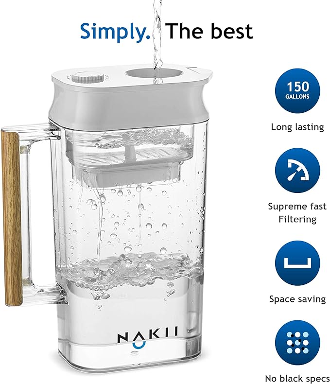 Water Filter Pitcher - Long Lasting 150 Gallons, Supreme Fast Filtration and Purification Technology, Removes Chlorine, Metals for Clean Tasting Drinking Water, WQA Certified,
