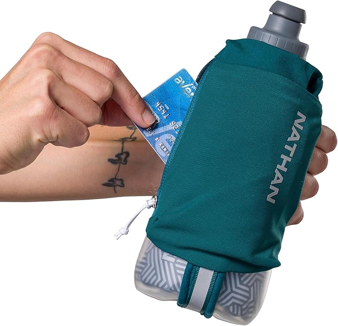 Nathan SpeedDraw 2 Insulated Handheld Running Water Bottle Flask – Double-Wall Insulation, Ergonomic Grip, Blast Valve Cap, Phone & Key Storage Pockets, Reflective Design - 18oz Insulated - Deep Teal