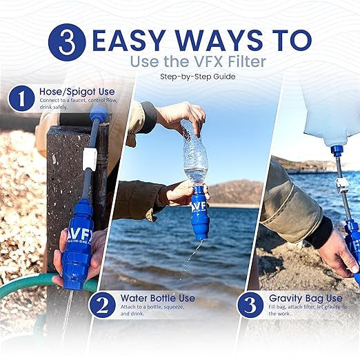 VFX All-in-One Portable Water Filter – Survival Water Purifier for Camping, Hiking, Backpacking, and Emergency Preparedness with Gravity System