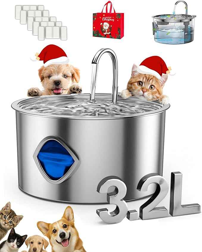 Dog Bowl for Small Dogs (with 10 Filter, 3.2L/108Oz) Stainless Steel Quiet Dog Water Bowl with Visual Water Level & Quadruple Filtration for Pets (1PCS+5 Filter, 1)