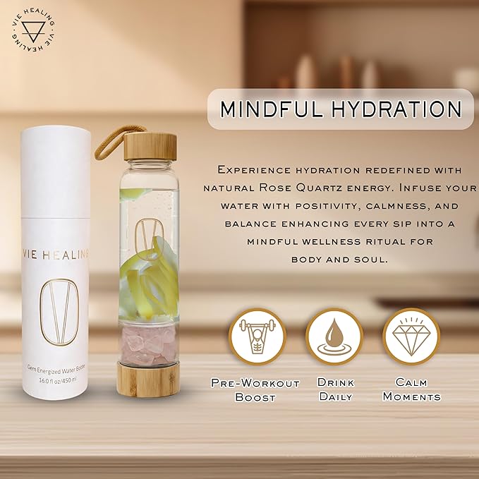 Vie Healing Gem Infused Rose Quartz Crystal Water Bottle, 16oz | Crystal Glass Bottle for Mindful Hydration, Daily Balance & Style | Eco Friendly Reusable Water Bottle for Home, Office, Gym & Travel