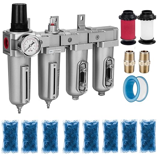 NANPU 1/2" NPT Industrial Grade 4 Stage Air Drying System - Particulate Filter, Coalescing Filter, Double Desiccant Dryers & Air Regulator, Metal Bowl, Manual Drain, for Paint Spray＆ Plasma Cutter - AquaVibe