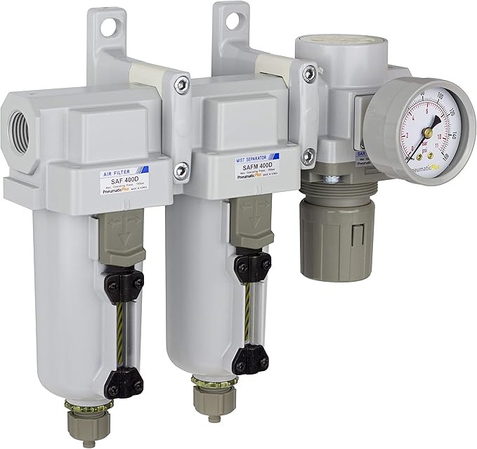 PneumaticPlus SAU430-N04G-MEP 3 Stage Compressed Air Filter Dryer System - Particulate Air Filter, Coalescing Air Filter, Compressed Air Pressure Regulator Combo, 1/2