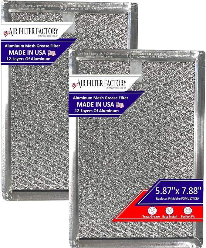 Air Filter Factory Replacement For Frigidaire FGMV174KFA Made In USA 12-Layer Microwave Oven Aluminum Mesh Grease 5.88 x 7.88 x 0.12 Inches Vent Filter 2-Pack
