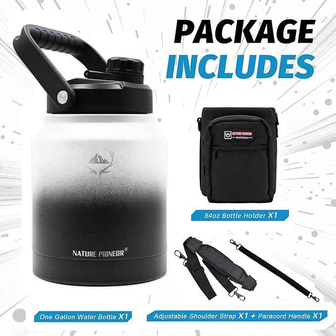 NATURE PIONEOR 84 oz Insulated Water Bottle - Double Vacuum Stainless Steel Water Jug with Holder/Carrier, Wide Mouth, Outdoor Sports, Hiking, Camping, Gym