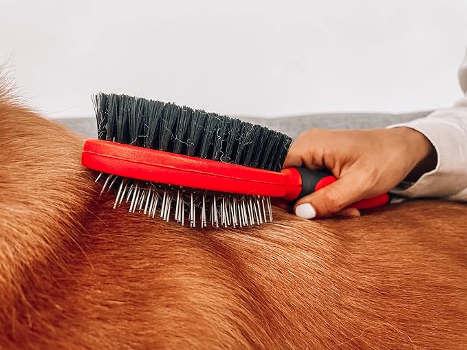 Tuff Pupper Double Sided Dog Brush, Detangling Tool for Dogs and Cats, Pin & Bristle Pet Brush, for and Hair Types, With Comfort-Grip Anti-Slip Handle, Brown, Black, White - AquaVibe