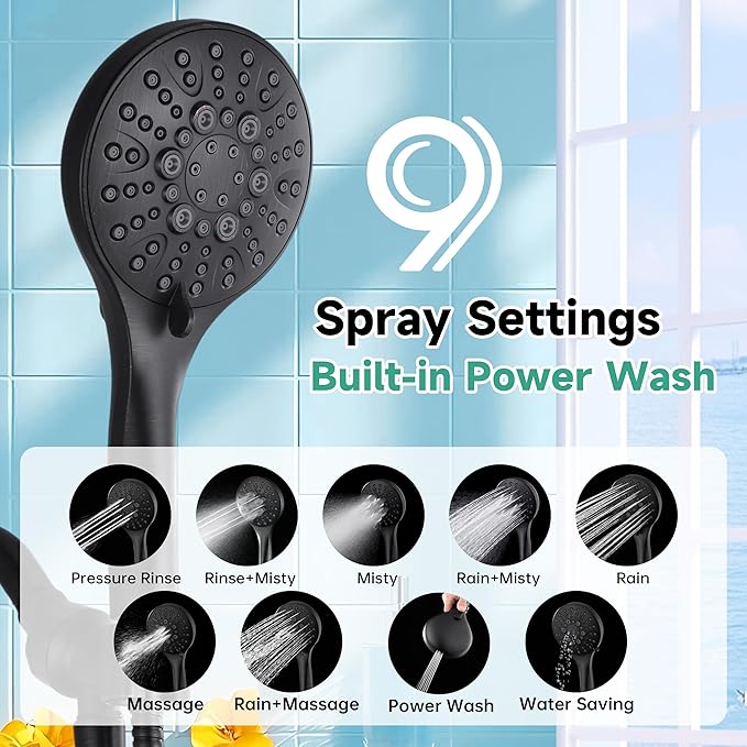 BRIGHT SHOWERS High Pressure Shower Head with Handheld, 9 Spray Settings Showerhead Built in Power Wash to Clean Tub and Pets, Extra Long 69" Hose, Adjustable Bracket, Oil-Rubbed Bronze - AquaVibe