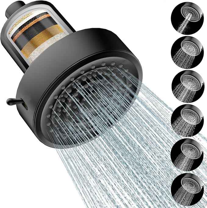 Filtered Shower head for Healthier Hair & Skin – Removes Chlorine & Heavy Metals,6 Mode Settings High Pressure Shower Head Filter for Hard Water, Easy install,One-touch Quickly Filter Replacement
