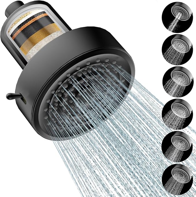 Filtered Shower head for Healthier Hair & Skin – Removes Chlorine & Heavy Metals,High Pressure 6 Mode Settings Shower Head Filter for Hard Water (Matte Balck)