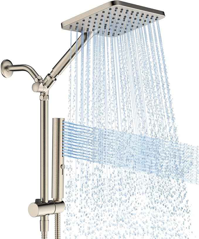 High Pressure Rain Shower Head with Handheld Combo, 10 Inch Square Rainfall Showerhead, Adjustable Slide Bar Dual Shower System, 3 Spray Modes, 59" Stainless Steel Hose, Brushed Nickel