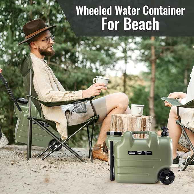 7.4 Gallon Water Jug with Wheels & Folding Handle, Rolling Wheel Water Storage Tank for Hiking Camping, Portable