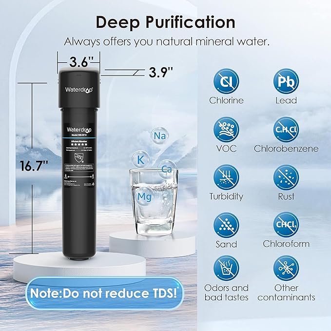 Waterdrop 15UA Under Sink Water Filter System, Under Counter Water Filter Direct Connect to Kitchen Faucet, and Waterdrop Spin Down Sediment Filter, Reusable Whole House Water Filter System 50 Micron