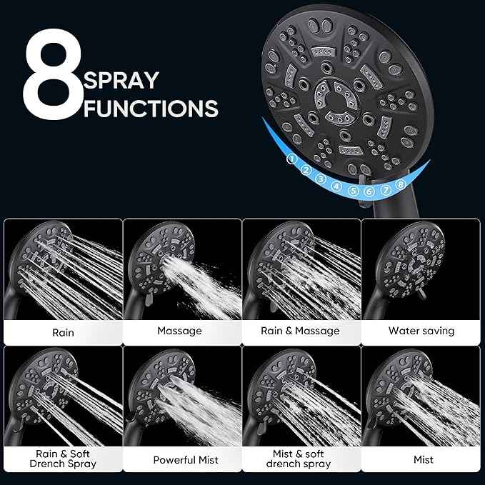 Cobbe 8 Functions Shower Head with handheld, High Pressure Shower Head Set with Hose Adjustable Bracket Rubber Washers (Matte Black)