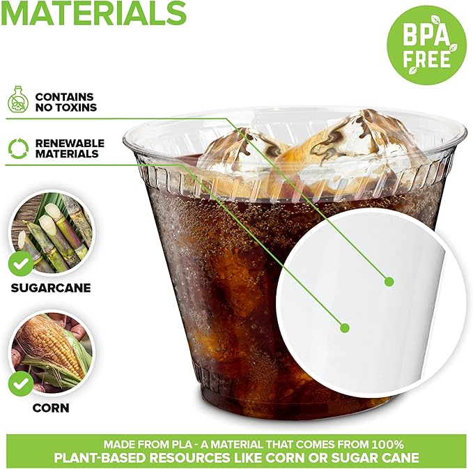 Stock Your Home 9 oz Premium Commercially Compostable Cold Cups (100 Pack), Eco Party Cup, Environmentally Friendly Recyclable Disposable Sustainable for Water, Wine, Beer Sample