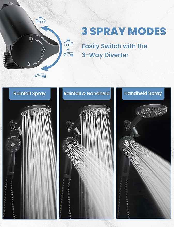 Filtered Shower Head Handheld Mother-Child Large Arm Combo, High Pressure 10-Spd Detachable Chrome Showerhead w/Stainless Hose, Water Softener Beads Hard Water - Remove Chlorine, Black