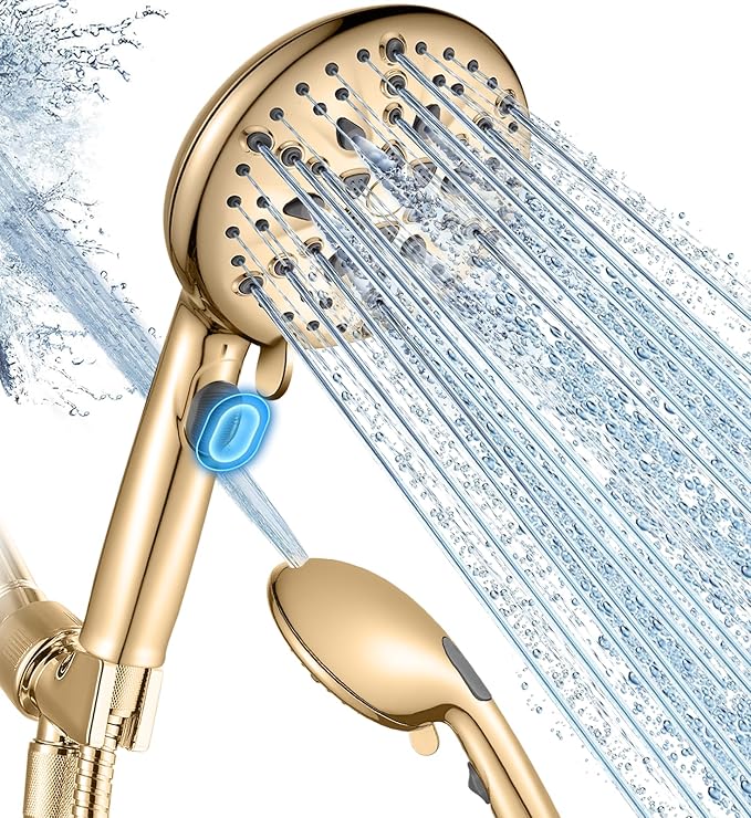 Cobbe High Pressure Shower Head with Built-in Pause Button 9-Function Detachable Showerhead with Handheld Brass Swivel Bracket & Stainless Steel Hose, Water Saving 1-Click Stop, Gold