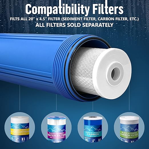 High Capacity 20 x 4.5” Whole House Filter Purifier System for Well or City Water, Presser Relief Button, 1” NPT Brass Port, Double O-Ring, Meets NSF Standards & Regulations (Blue, 4 Sets)