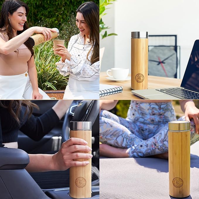 LeafLife Premium Bamboo Tea Bottle for Loose Tea - Tea Infuser Bottle - Tea Gifts - Insulated Water Bottle/Coffee Tumbler/Tea - Tea Gift Set, Tea Accessories - Tea Tumbler 22oz