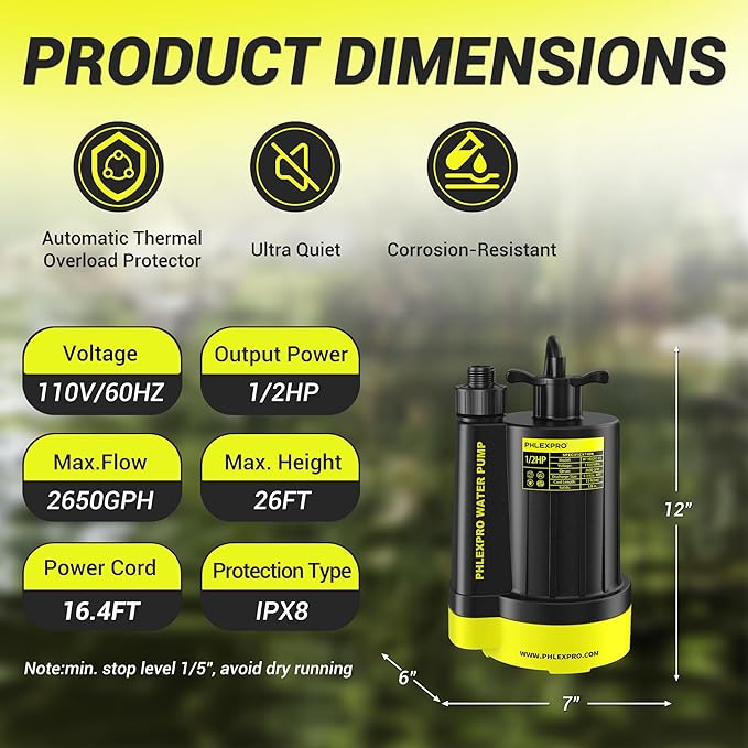 Sump Pump 1/2HP Submersible Water Pump, 2650GPH Utility Pump Thermoplastic Electric Portable Transfer Water Pump for Swimming Pool Garden Pond Basement with 16.4ft Long Power Cord