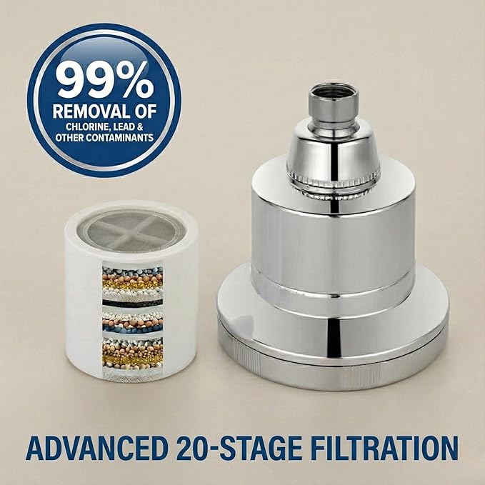 Fiona James Filtered Shower Head – High Pressure Shower Filter for Hard Water, Chlorine Removing, 20-Stage Filtration for Healthy Hair & Skin (Chrome)