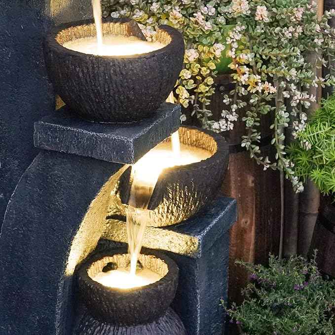Supmix Outdoor Garden Water Fountain for Garden Patio Backyard Deck Porch and Home Art Decor 4 Tiers Modern Cascading Outdoor Fountains with Lights 37.4”H
