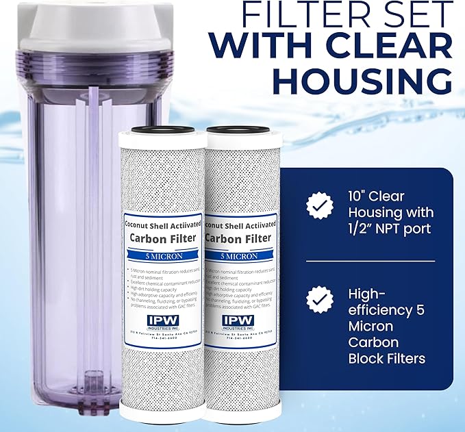 IPW Industries, Inc. - Compatible Water Pur Style Company (CCI-10CLW12) Filter Canister and (CCI-10-Ca) Carbon Block Filters - 1/2" NPT Ports for Water Filtration