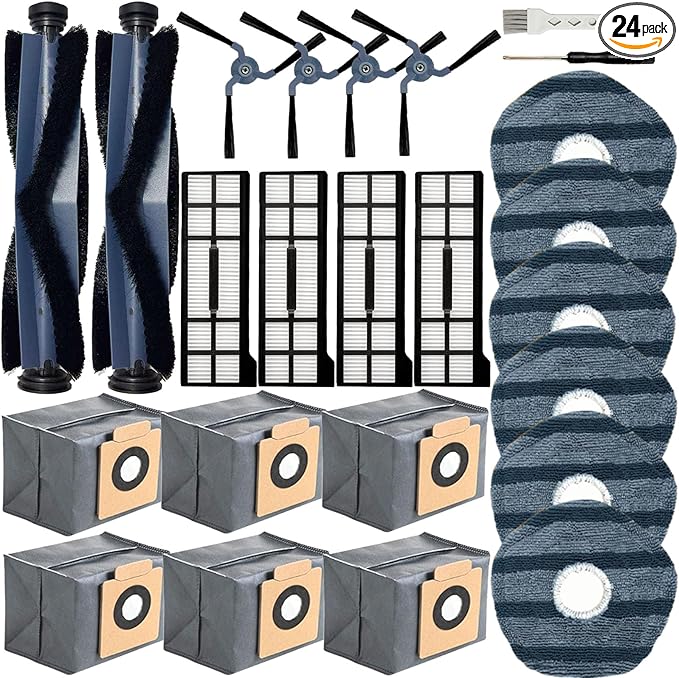 24 Pack Replacement Parts Accessories Compatible for Eufy X10 Pro Omni Vacuum Cleaner, 2 Main Brush 4 Vacuum Filters 4 Side Brushes 6 Mops 6 Vacuum Bags, X10 Pro Omni Accessories Kit - AquaVibe