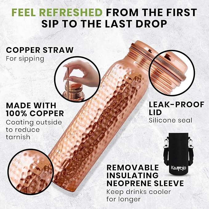 Copper Water Bottle for Drinking - Hammered Pure Copper Tumbler Cup with Leak Proof Lid, Removable Insulating Sleeve & Straw - Handcrafted Ayurvedic Cup for Water 32 fl oz