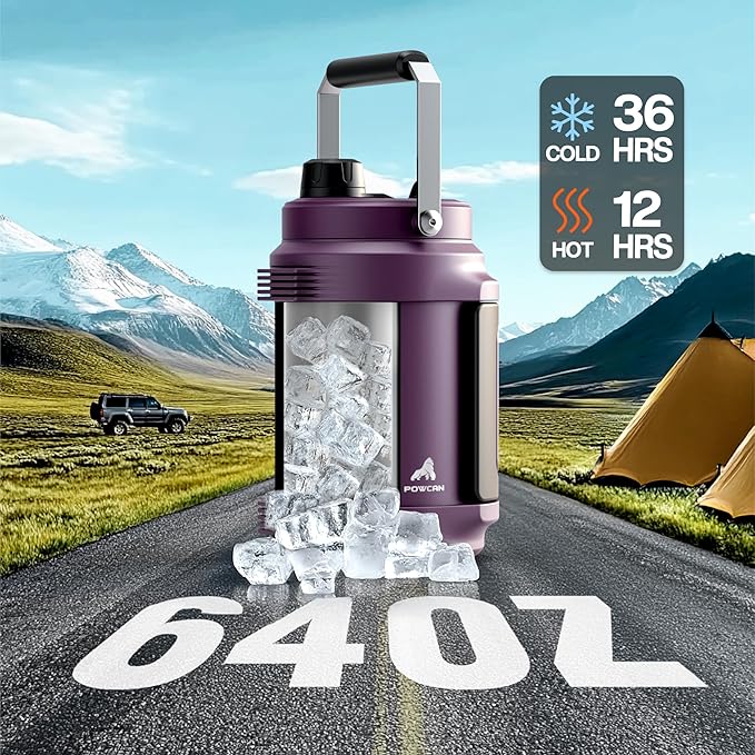 POWCAN 64 oz Insulated Water Jug, 2-in-1 Straw Spout Lid, Dual Handle, Leakproof, Keep Cold 48H, Half Gallon Stainless Steel Water Bottle for Daily, Hydration, Picnic, Travel, Gym, Workout (Burgundy)